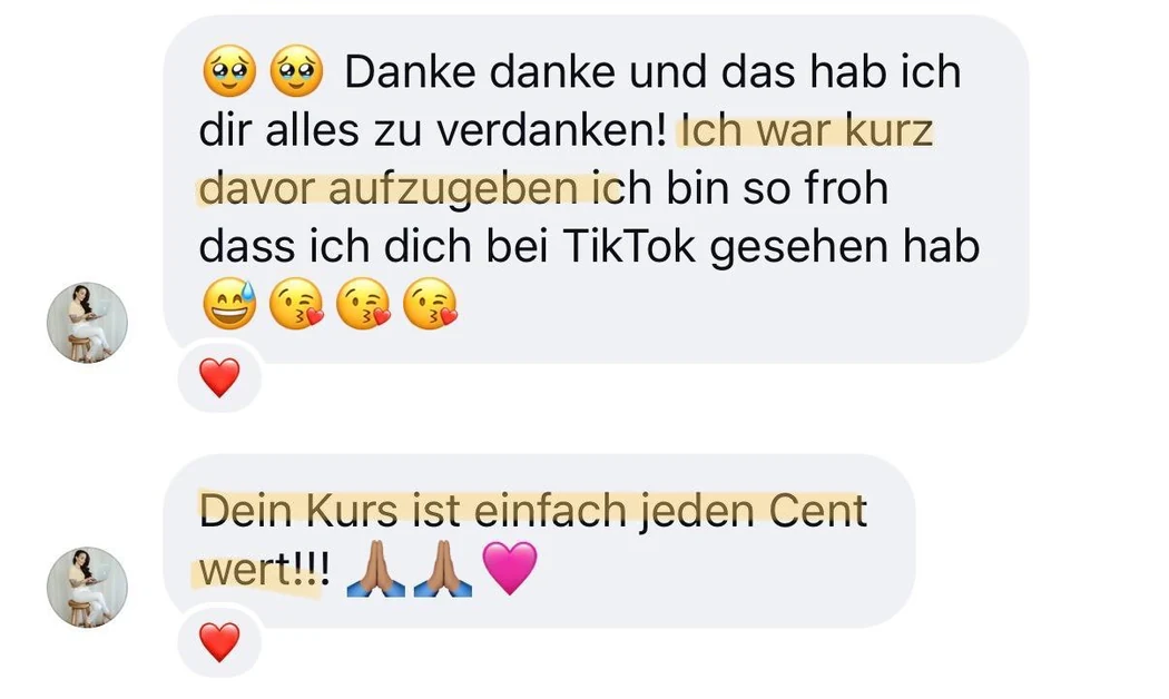 Nachrichten von Juli: Danke danke und das hab ich dir alles zu verdanken! Ich war kurz davor aufzugeben … Dein Kurs ist einfach jeden Cent wert!!!